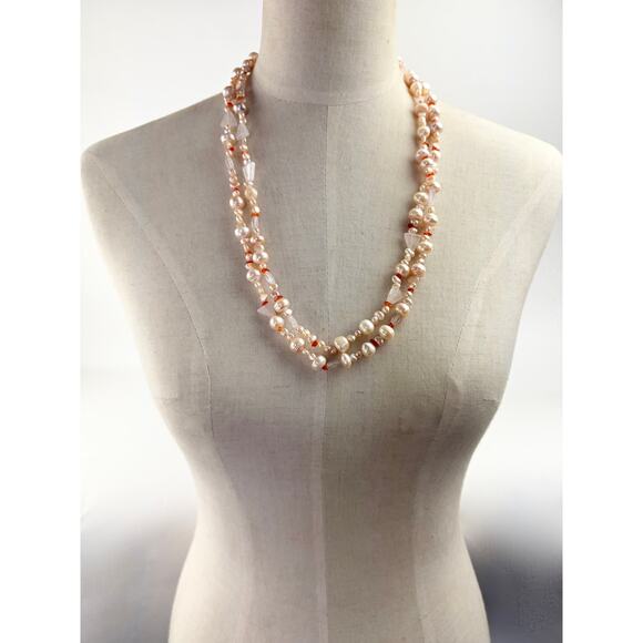 Peach Pearl Rose Quartz Carnelian Long Necklace - Picture 2 of 4